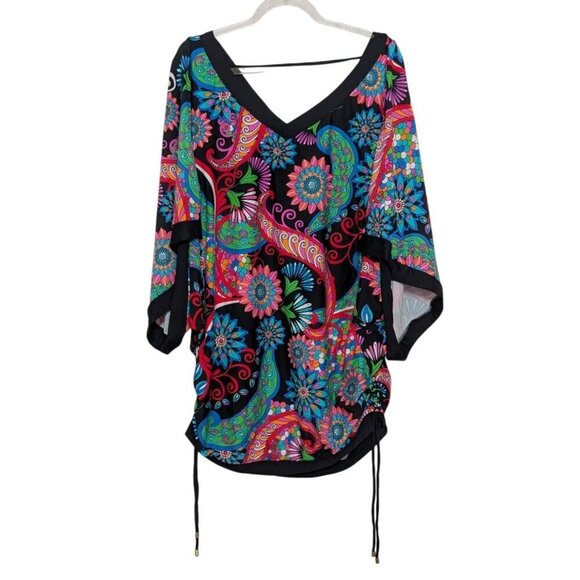 Swim Systems Collection Floral Cover up Womens Size Large Black Dolman Sleeve - Picture 2 of 12
